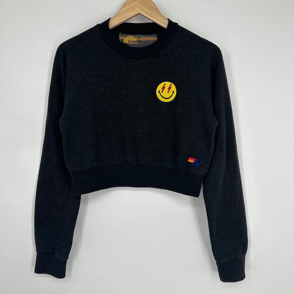 Aviator Nation Smiley Face Patch Cropped Sweatshirt Lightning Bolt Logo Pullover - Picture 3 of 11
